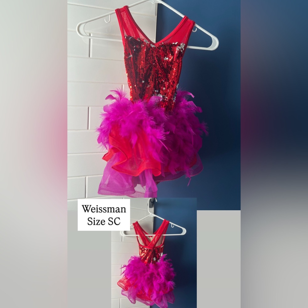 Weissman Red Sequin Dress with Pink Feathers